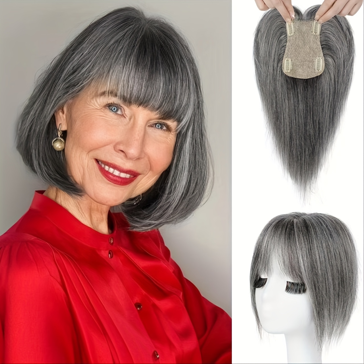 human hair topper with bangs sold on Temu United States display picture 1