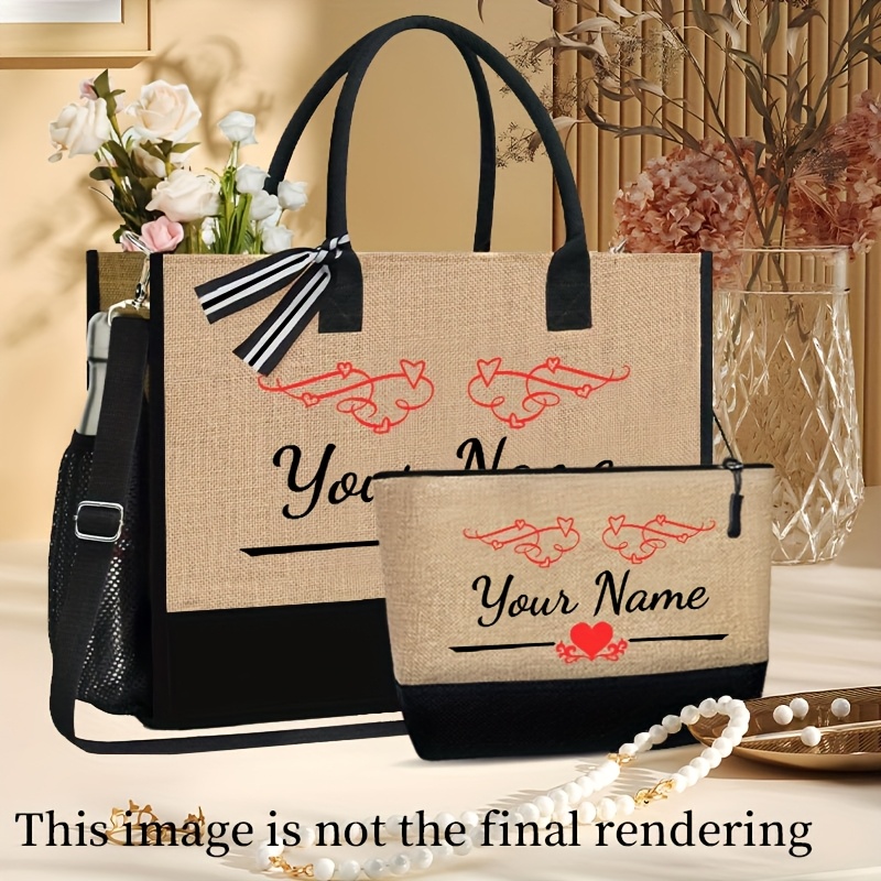 

2pcs Set Personalized Love Handbags, Customizable Name Printed, Lightweight Coarse Fabric, Black & Turmeric, Zipper Closure, Hand Washable, Includes Cosmetic Bag, Ideal For Shopping, Travel & Beach