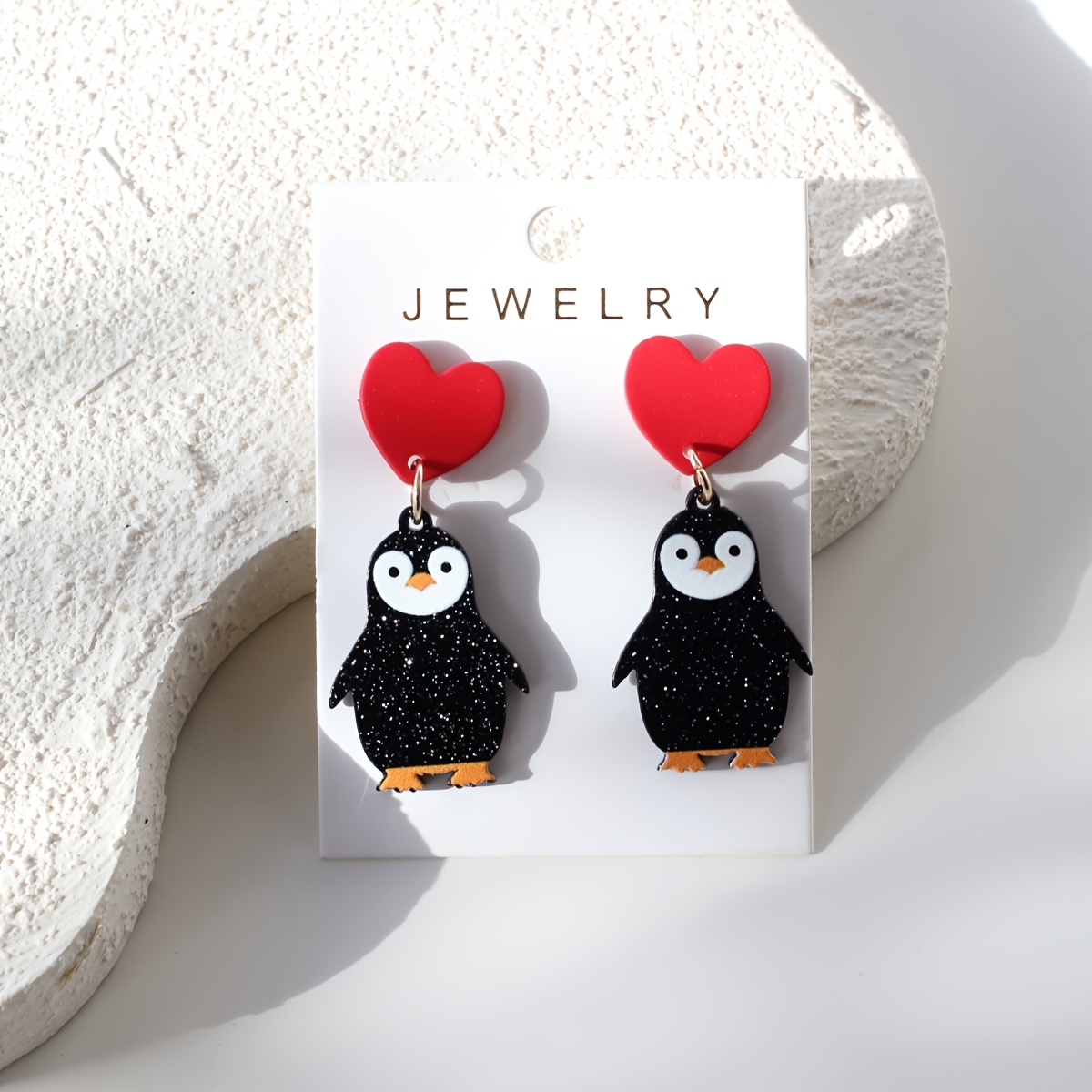 Image of Valentine's Day 1 Pair Red Heart Sparkling Penguin Acrylic Women' Earrings, Clay Texture, Cute Elegant, Suitable For Daily Wear, Versatile For Parties, Vacations, Gift , Holiday Presents