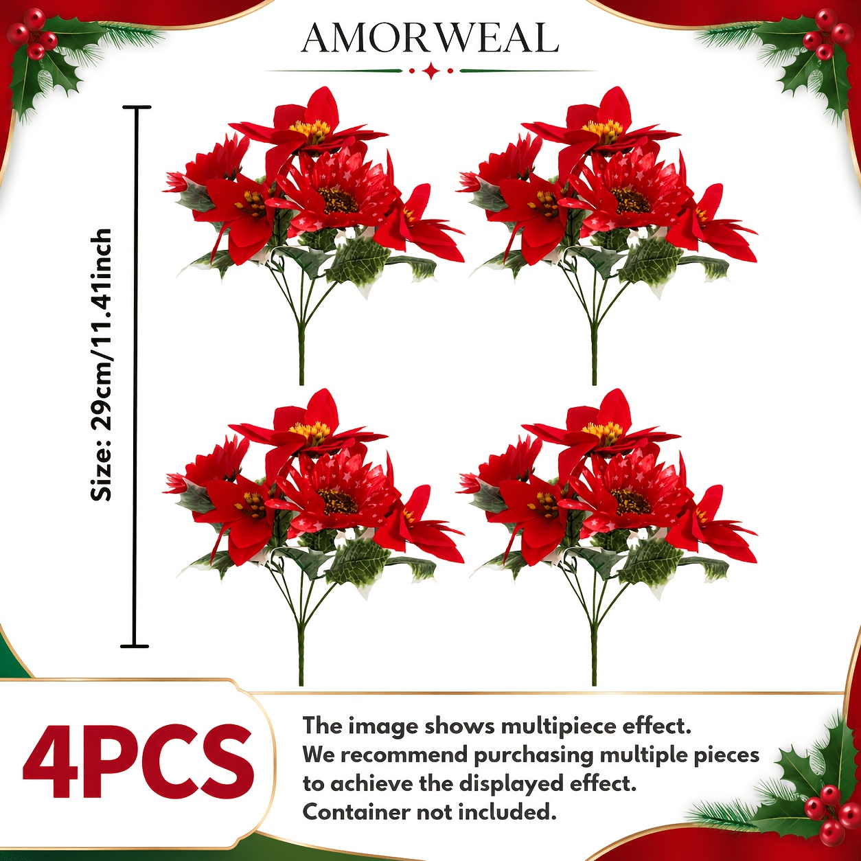 TEMU Amorweal 4-stem Red Poinsettia Christmas Artificial , With Star-spotted And Green Holly Leaves, A Layer-rich And Lifelike Artificial Floral