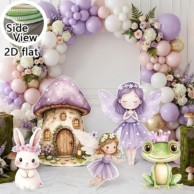 TEMU 2d Flat, 2d Flat, 2d Flat 5pcs Forest Fairy Theme Table Signs, Purple Skirt Flower Fairy, Mushroom Cottage, Floral Crown White Rabbit, Frog Soft