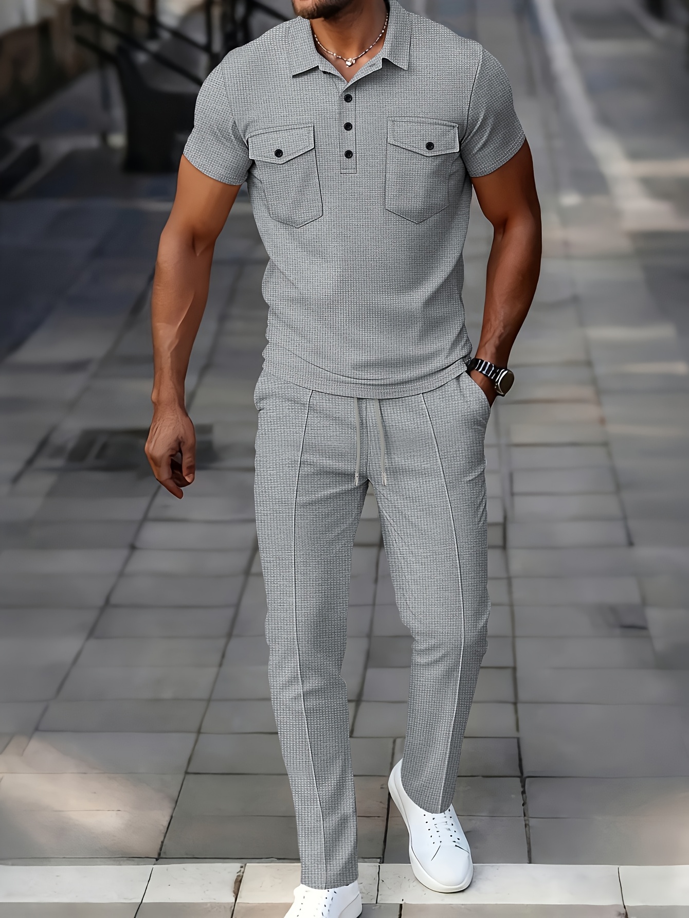 Men's Waffle Knit Casual Double-Pocket Short-Sleeve Shirt with Athletic Long Pants Set