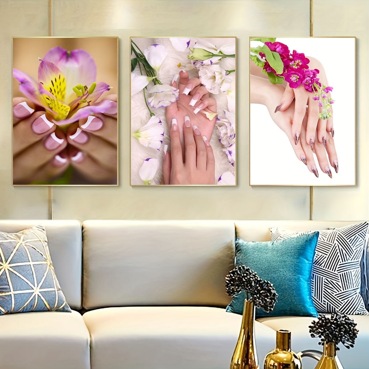 

3pcs Unframed Canvas Poster, Artistic Nail & Floral Painting, Canvas Wall Art, Artwork Wall Painting For Gift, Bedroom, Office, Living Room, Cafe, Bar, Wall Decor, Home And Dormitory Decoration