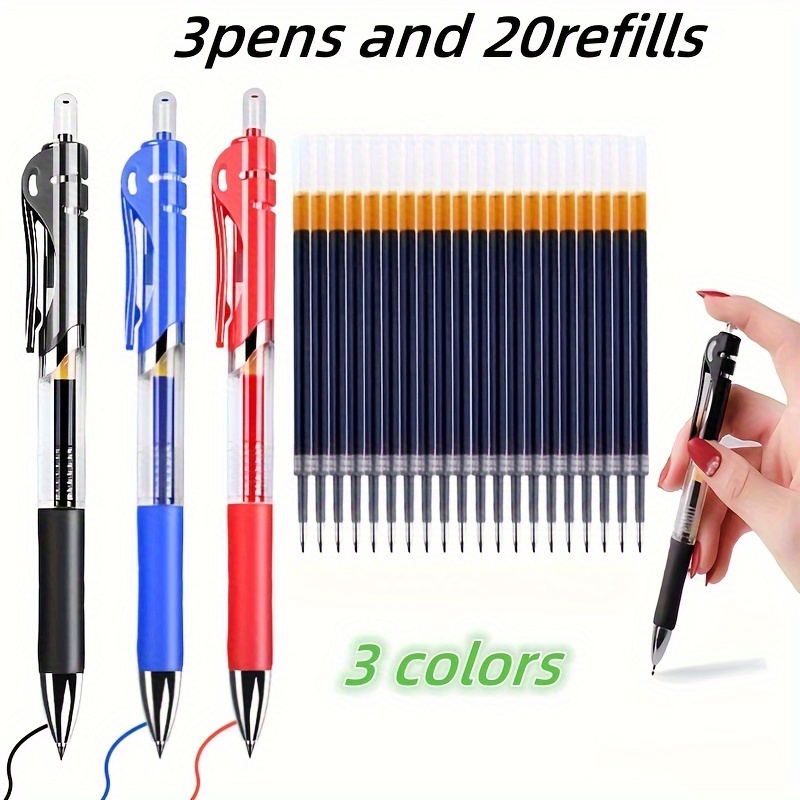 

3pcs Pens+20pcs Refills Retractable Ballpoint Pen Large Capacity 0.5mm Ballpoint Pen Black/red/blue Replaceable Refill Stationery School Office Supplies(3 Pens+20 Refills)