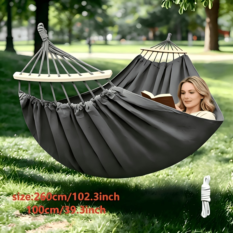 1pc Patio/Outdoor Hammock with Support Pole, Sturdy Dark Gray Fabric Hammock with Anti-Tip Design, Durable with Tie-Down Ropes - Ideal for Relaxing in the Patio, Outdoors, Indoors, and Camping, for Outdoor Hammock Use