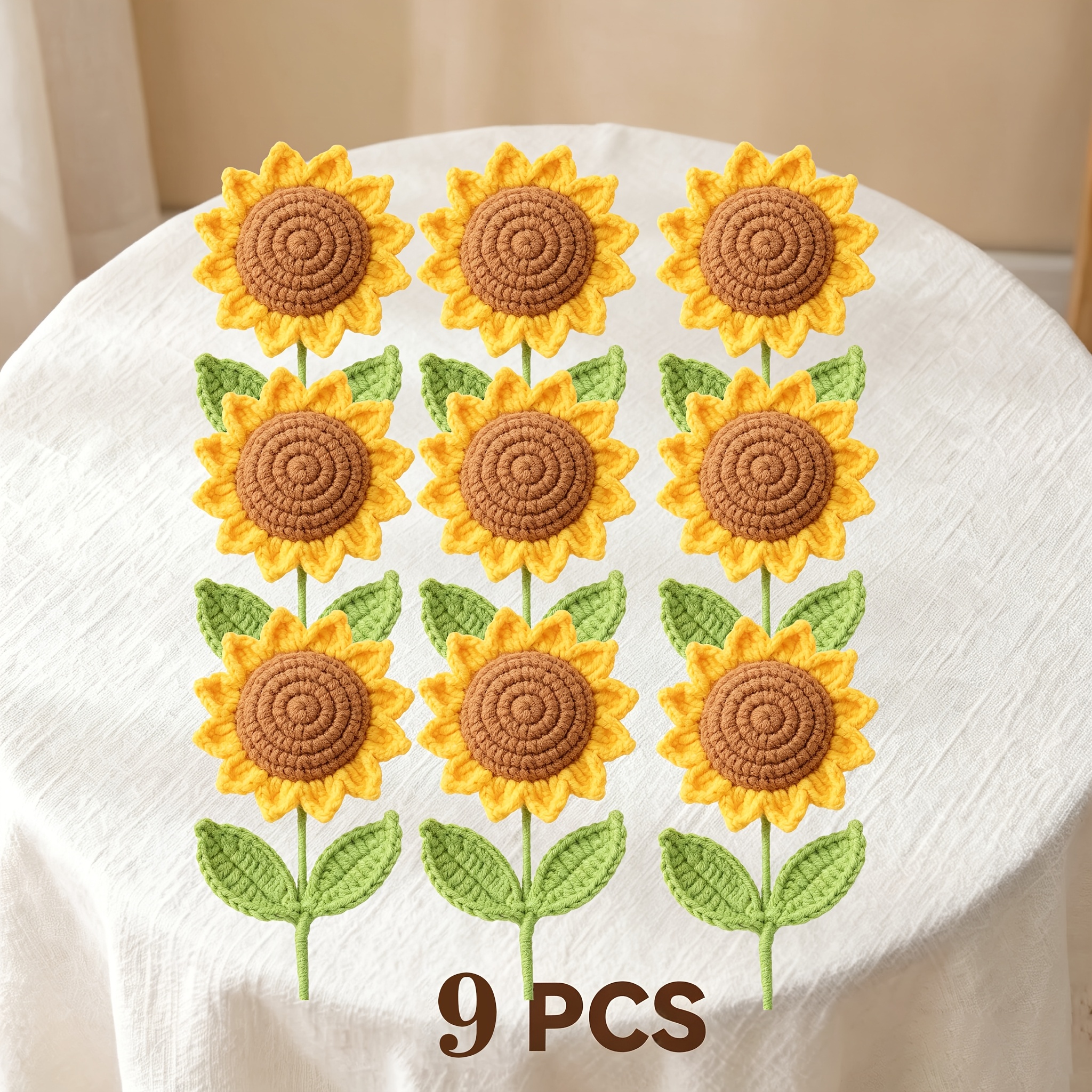 TEMU di girasoli all'uncinetto 100% a da 9 pezzi, fiori artificiali a maglia con filato qualit�, pieghevoli, ornamenti estetici che non sbiadiscono
