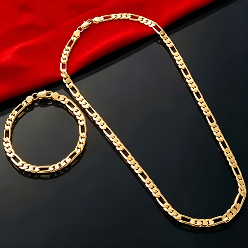 TEMU 2pcs Fashion 18k Golden Plated 3-in-1 Design Chain Jewelry Set, 50cm And 20cm 8 Inch Bracelet Combination, Minimalist Hip-hop Style Unisex Daily