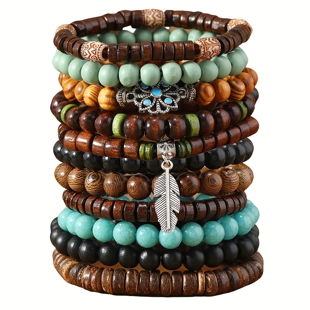 

Boho Chic 11-piece Bracelet Set - Handcrafted With Turquoise Accents And Charm Pendants For Couples