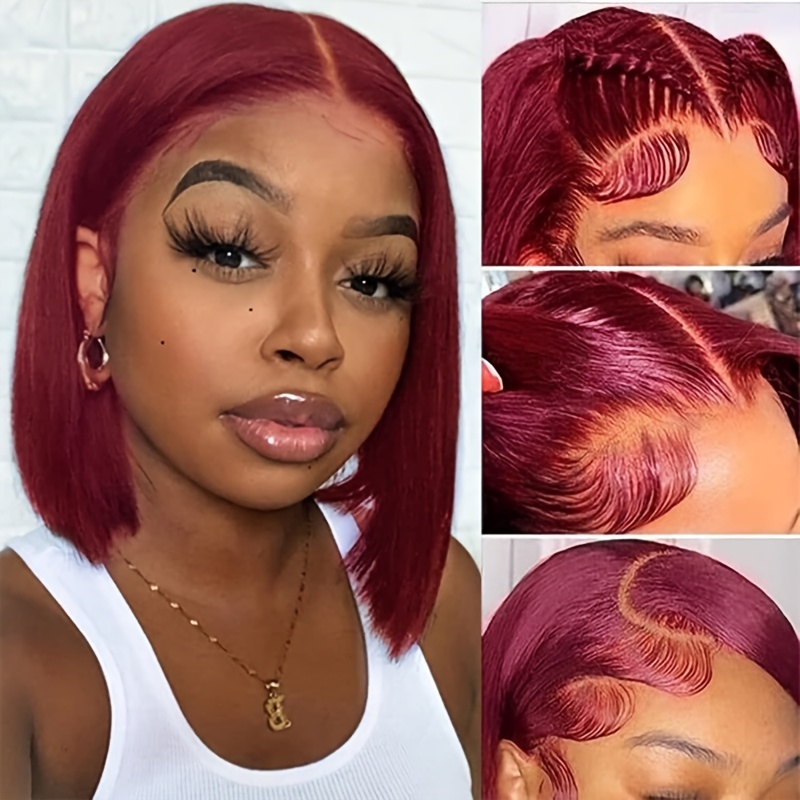 TEMU 99j Burgundy Bob Lace Front Wigs Human Hair 13x4 99j Red Bob Wig Human Hair For Women 200% Density Red Wig Human Hair Pre With Baby Hair 8 Inch