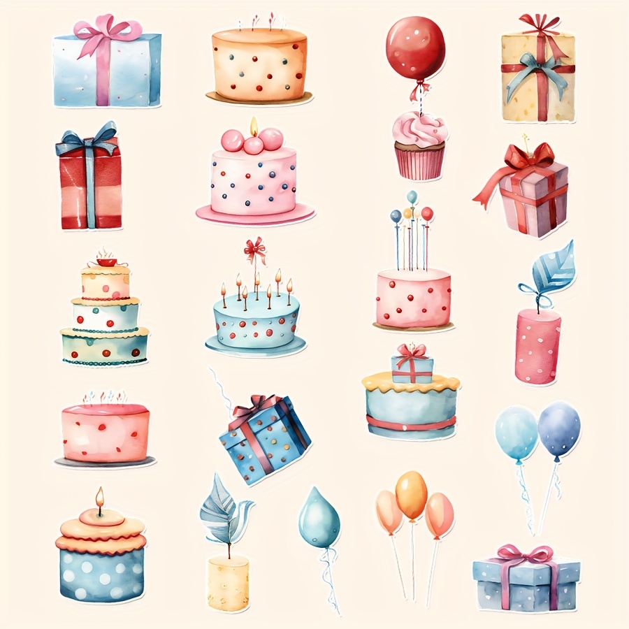 Image of 1 Set, Birthday Theme Stickers, Party Stickers, Cake-themed Stickers, Watercolor Sticker Sheets, Bookmark Backpack Cup Notebook Stickers, Diy Stickers