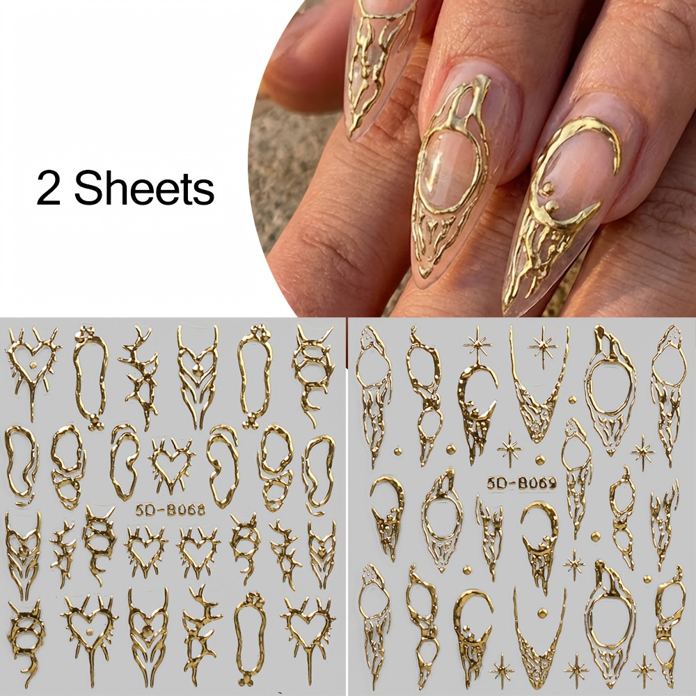 Image of 2 Y2k Golden And Silvery Thorn Heart Embossed Nail Stickers, Three-dimensional Embossed Gilded Moon And Star High-end Nail Stickers, Nail Decorations 5d-b068-69
