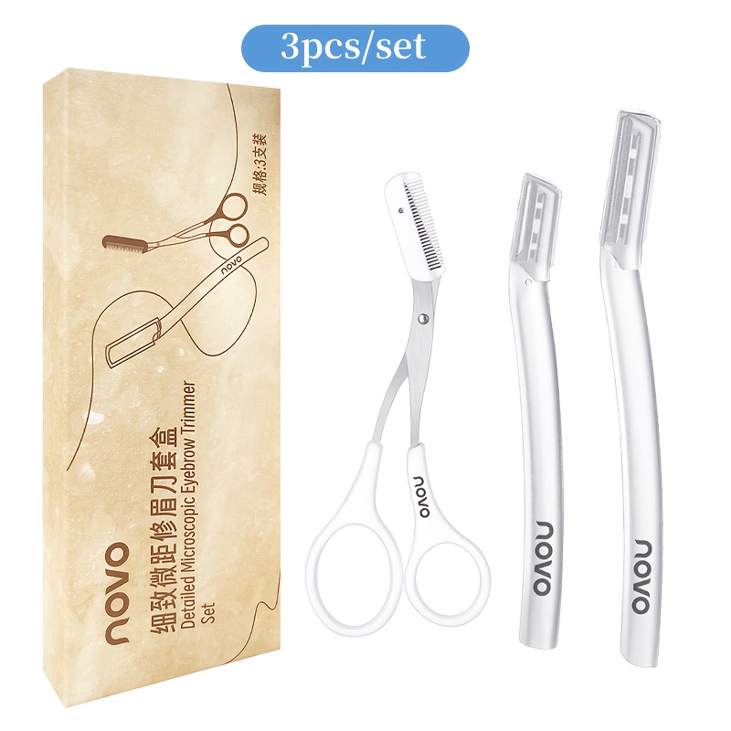 E-shop 3-tlg. Augenbrauenschere- Augenbrauenrasierer-Set aus Edelstahl, mit Tasche – für Männer & Frauen, ergonomisches Design, Hellbeige, ideal für