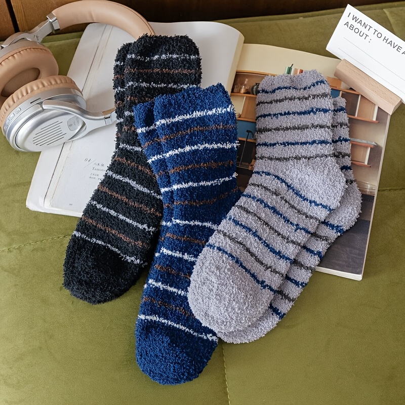Image of 3 Pairs/5 Pairs/random Colors Fleece Socks Men's Striped Pattern Mid-calf Socks Autumn Winter Fleece Warm Thick Sleep Socks Suitable For Autumn Winter Outdoor Use
