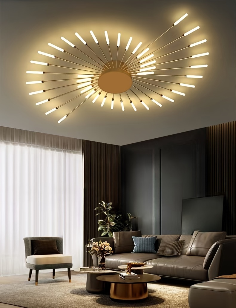 Modern Minimalist Warm White LED Ceiling Light with 42 Golden Firework Design - Sleek Metal Acrylic Fixture for Living Room, Dining Room, Bedroom - No Remote or Switch Included, Living Room Decor | Minimalist Light Fixture | Acrylic Diffuser