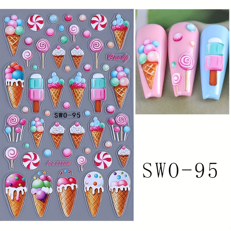 1 Sheet Cartoon Cake Ice Cream Nail Stickers, Cute Kawaii Pattern Nail Sliders Nail Decals, Self-adhesive Nail Stickers, Nail Decorations, Nail Art Supplies For Women And