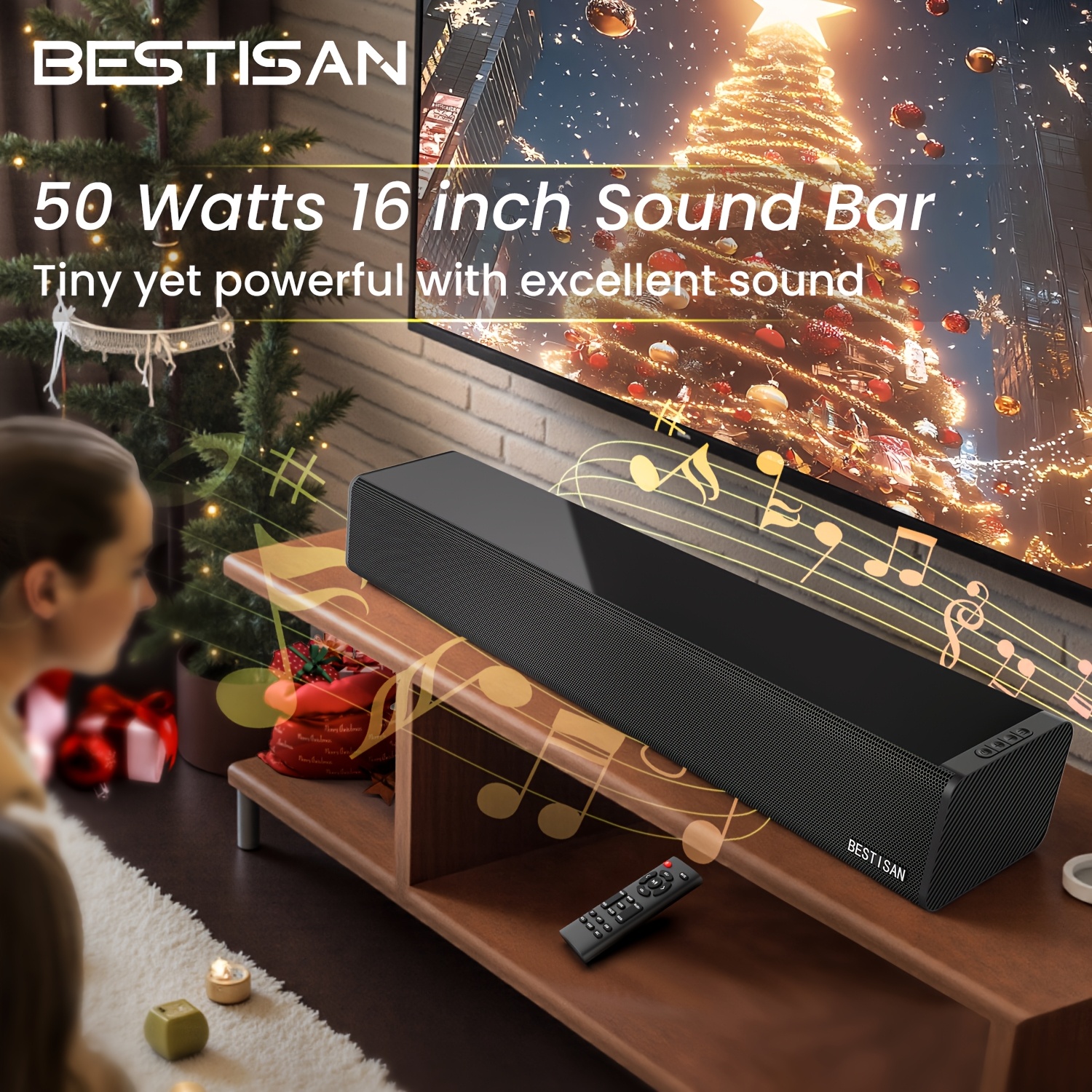 

Bestisan Sound Bars For Tv, Pc, Gaming, Monitor, 50 With Bt 5.0/arc/optical/coaxial/aux/usb , 3 Audio , Bass Adjustable, 16 Inch, Wall Mountable