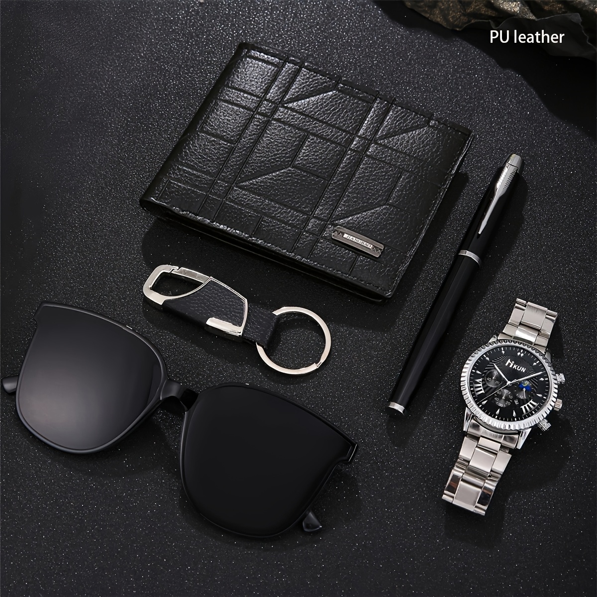 5pcs mens fashion wallet set sleek black   leather   with fashion glasses keychain perfect gift for him details 2