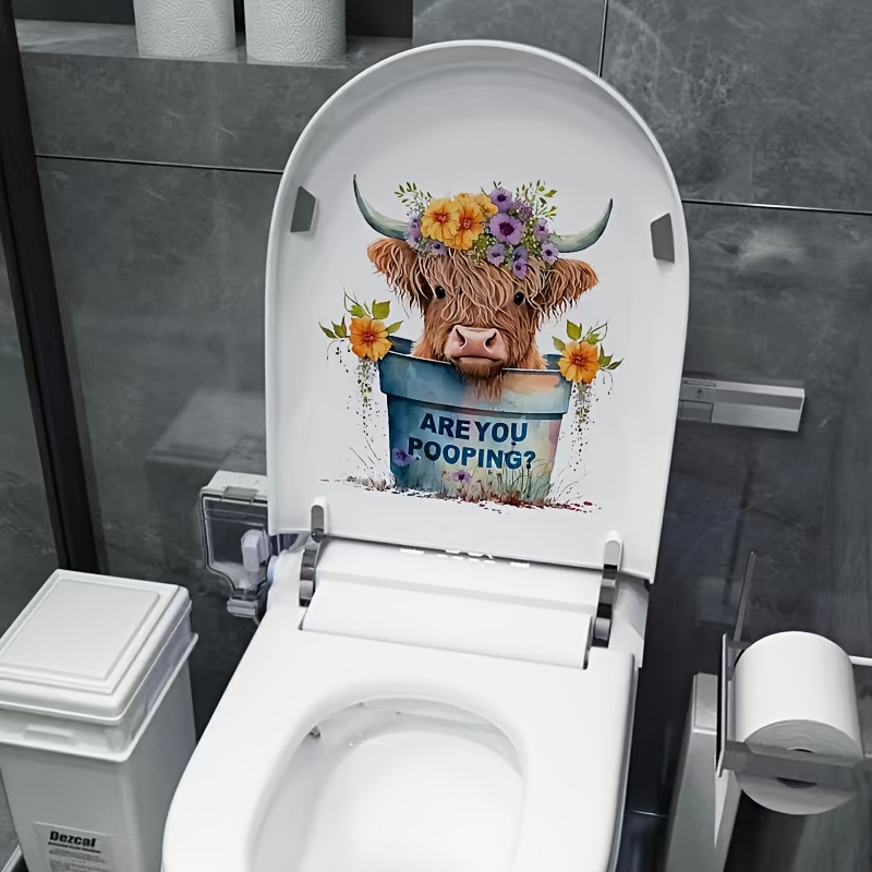 

Highland Cow Toilet Lid Decal, Animal Print Pvc Self-adhesive Sticker, Plastic Surface Compatible, Single Use Bathroom Decor With Other Features - Rectangle Shape With Unique .