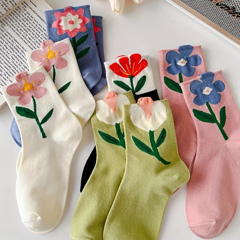 

5-pack Women's Floral Print Knee-socks, Polyester 80% Acrylic 20% , Breathable Casual Mid-calf Socks For Autumn And