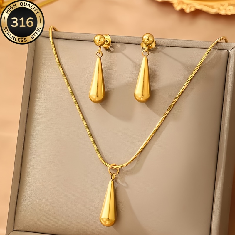 TEMU Hypoallergenic High-quality Stainless Steel Minimalist Teardrop Pendant Necklace And Earring Set, 2pcs Women's Jewelry Combo. Easy And Elegant