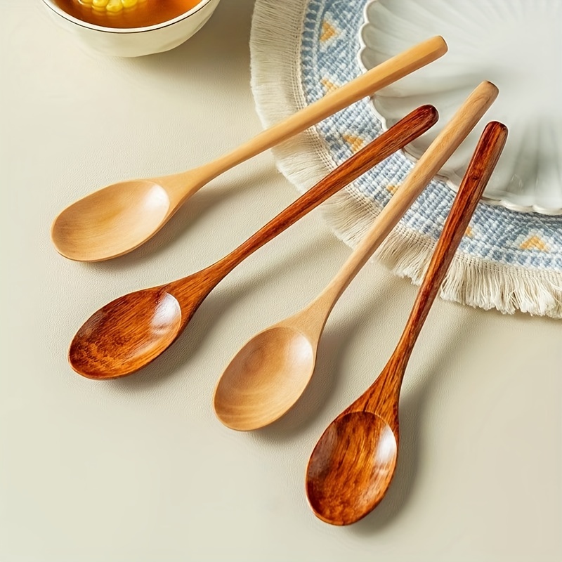 

2/6pcs, Spoon, Long Handle Wooden Spoons, Natural Wood Soup Serving Spoons, Food-grade Eating Utensils, Tableware For Porridge And Stirring, Kitchen Supplies