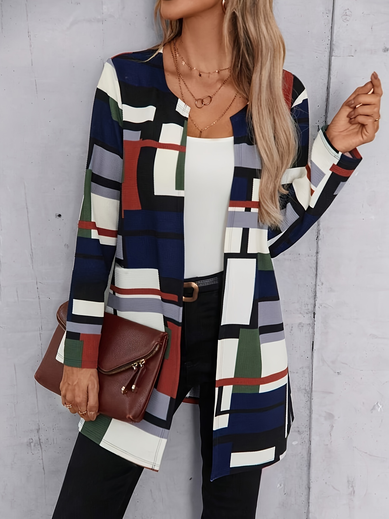 Elegant Geometric Patchwork Pocket Cardigan Collar Outerwear
