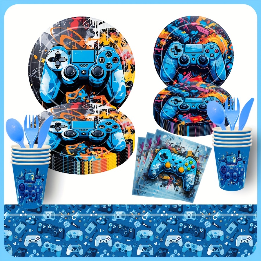 

81-piece Gaming Party Supplies Set - Disposable Plates, Cups, Cutlery & Tablecloth For Birthday Celebrations And Themed Events
