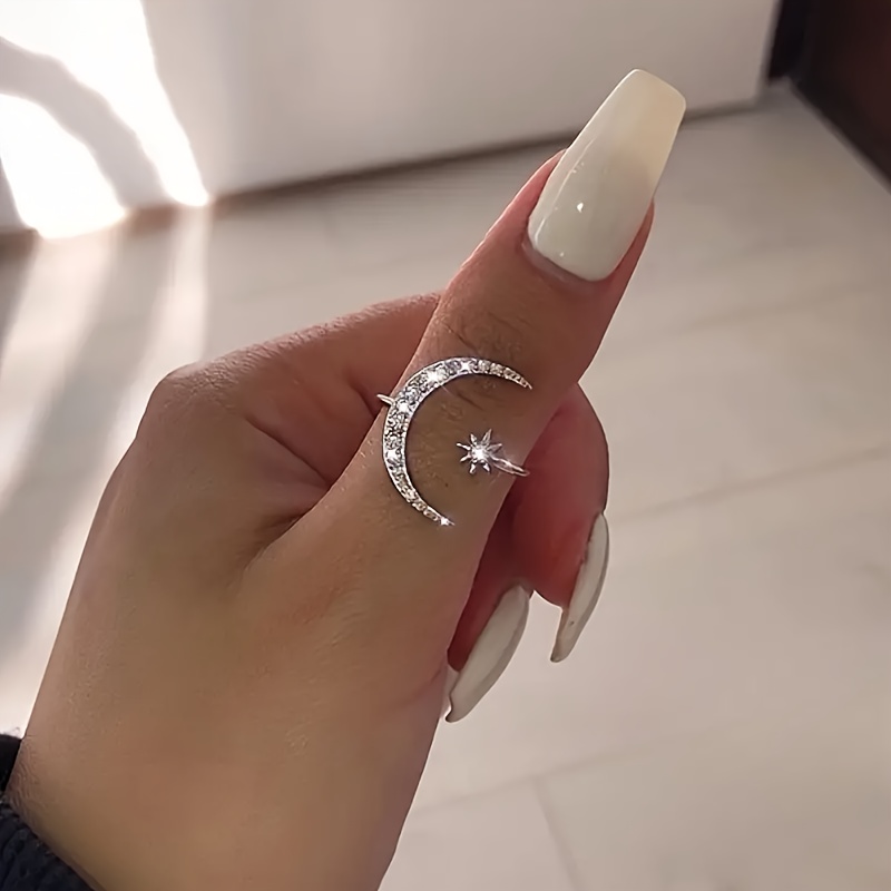 TEMU Adjustable With Zirconia Surrounded By Of A 925 Sterling Silver Starry Sky Moon Plated Ring, A Ladies' Jewelry Gift