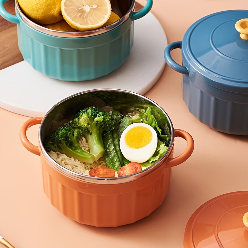 

1pc Modern Minimalist Stainless Steel With Lid - Microwave-safe, Double Ear Design In Vibrant (blue/green/yellow/orange) - 850ml, Ideal For Soup & Use, Noodle Cooker