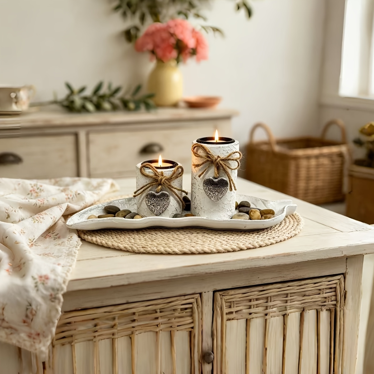 TEMU Ensemble de 3 plateaux bougeoirs en bois texturé blanc argenté avec breloques de cœur, livré avec des , décoration de table pour salle à manger,