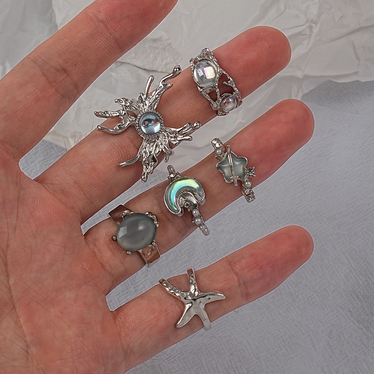 TEMU 6pcs Set Irregular -themed Set—starfish, Moon,, Adjustable Stackable Design; A Accessory That Y2k, Grunge , And Vintage Ocean Styles, Suitable