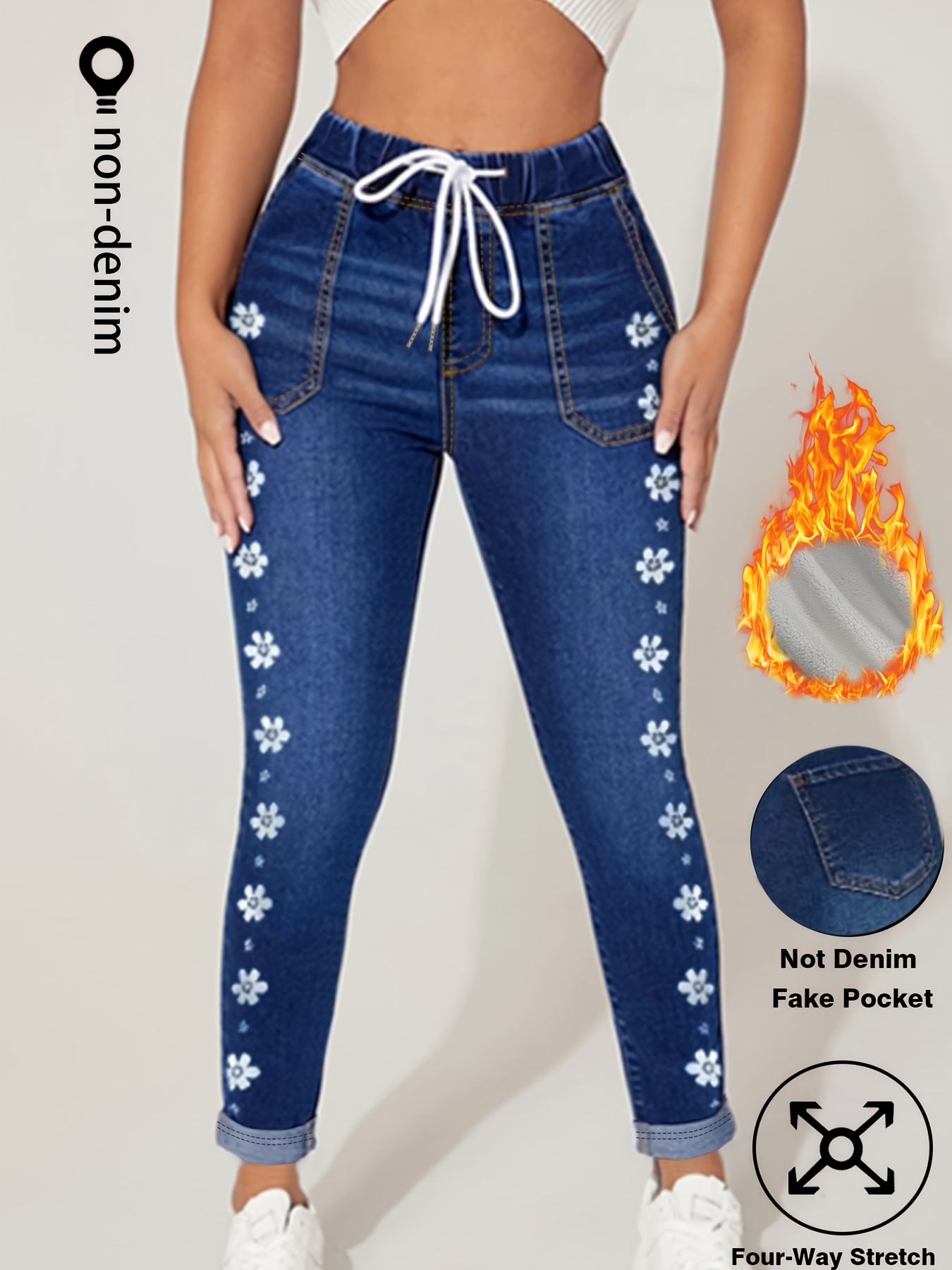 [denim print/  denim] autumn and winter fleece-lined   denim pants with floral print, drawstring design, fashionable casual wear for women, versatile everyday  , comfortable elastic waist, all-match   fit   denim effect full-body print, outdoor and home use long trousers Product details 1