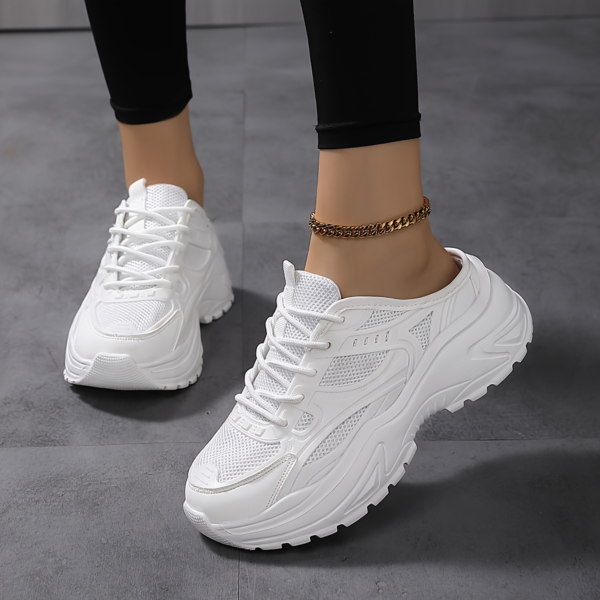 

1 Pair Women's Chunky Sneakers - Breathable Mesh Fabric And Pvc Upper, Round Toe Low Top Lace-up Shoes With Sole For All