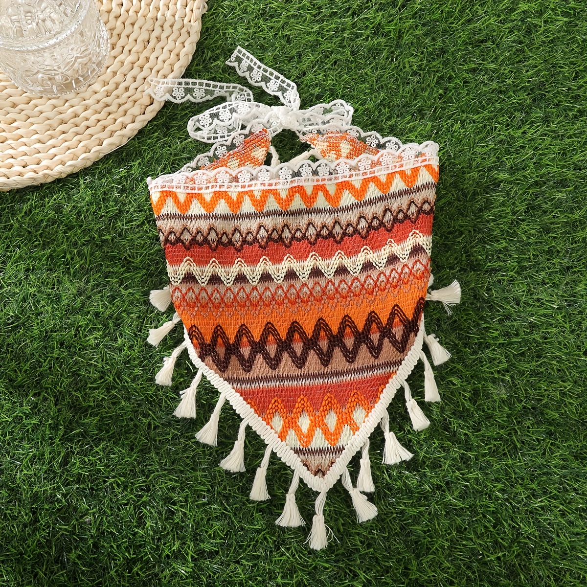 E-shop 1 Stück gestreifter Haar-Tuch mit Fransen, ein gestepptes Stirnband im Boho-Stil für Damen
