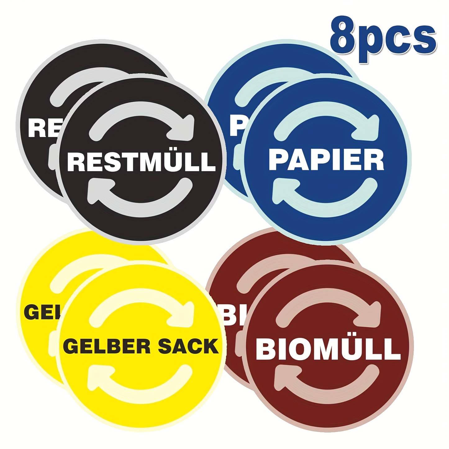 8pcs, 9cm Diameter Round Stickers, With The German Text "restmüll Papier Biomüll", For Trash Can Recycling, Waste , And Labels