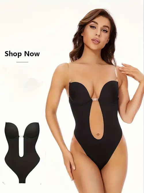 Solid Plunging Shaping Slip Bodysuit Cut Out Tummy Control - Temu