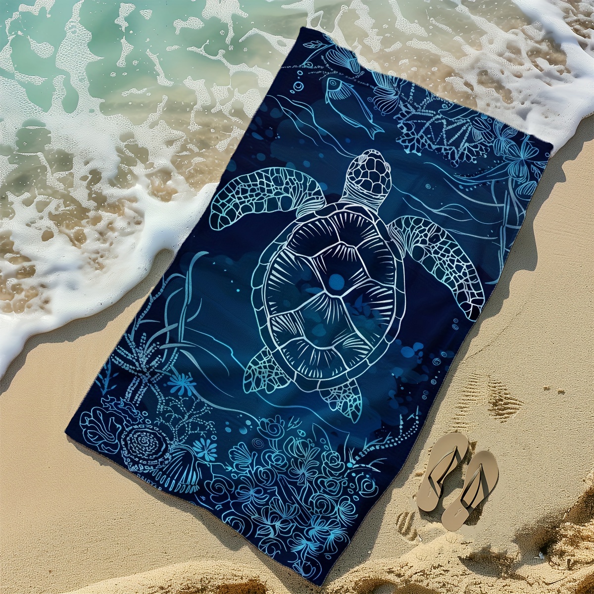 Soft Microfiber Beach Towel Sea Turtle And Coral Pattern Blue_voghion.com