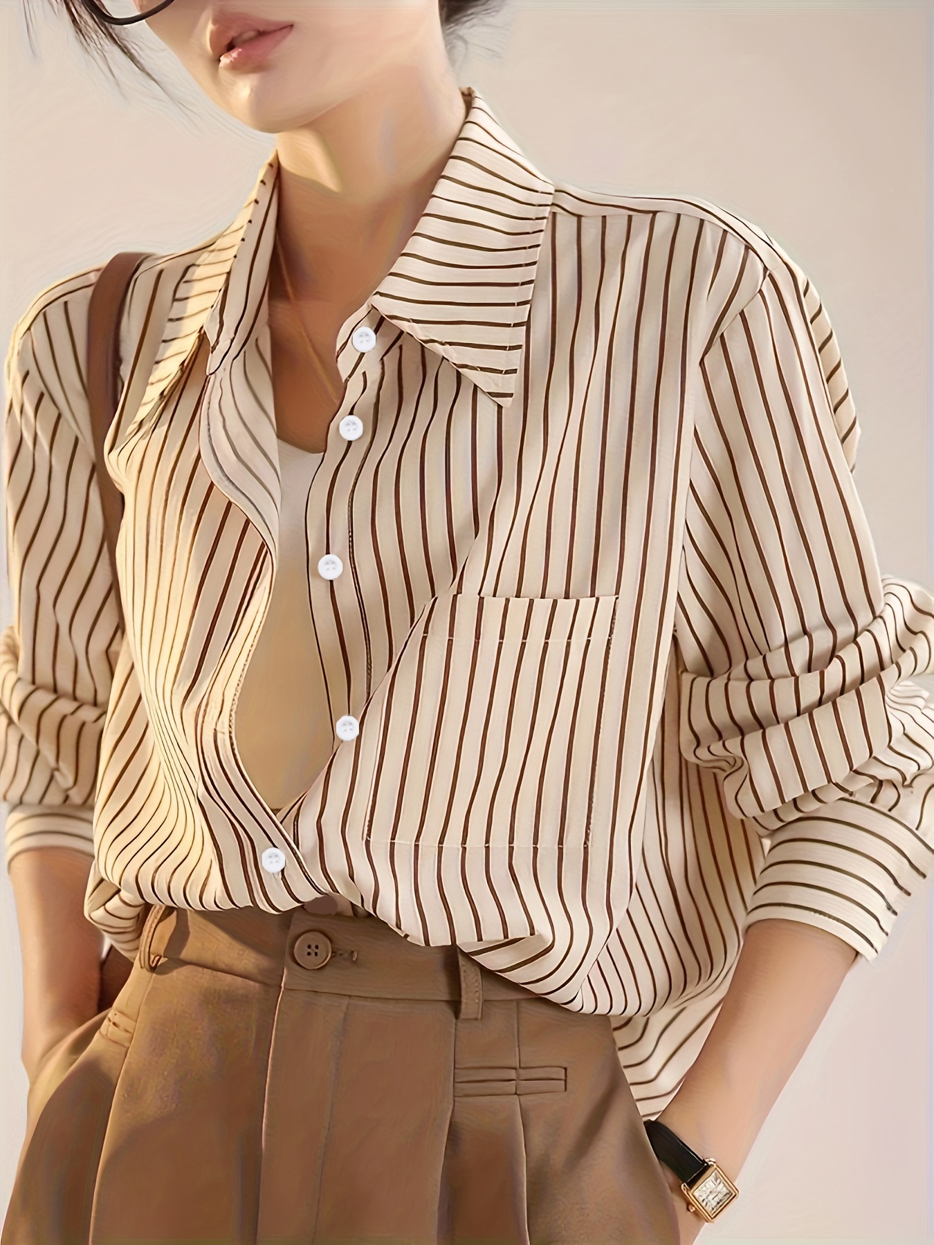 chemise   à rayures pour femme - manches longues décontractées avec poches,   pour   & lautomne Détails du produit 4