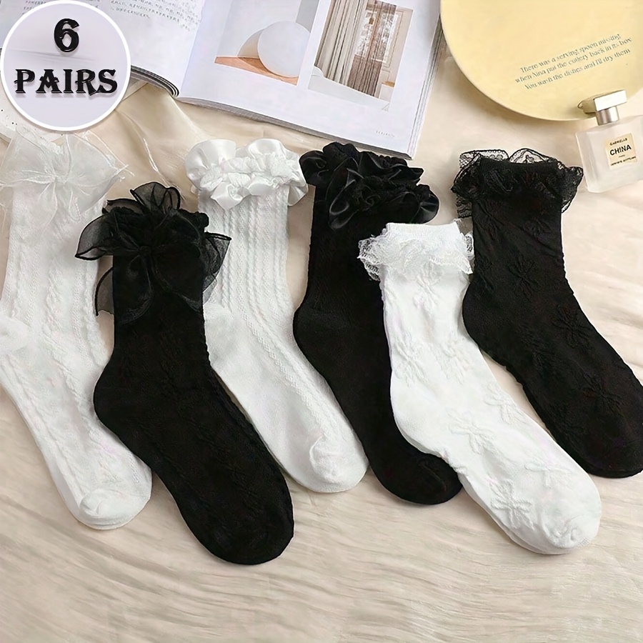 TEMU 6 Pairs Of Women's Lace Bow Mid-calf Socks, Sweet Lolita Style Style Style, Breathable And Comfortable, For Lolita Style Style Parties/daily