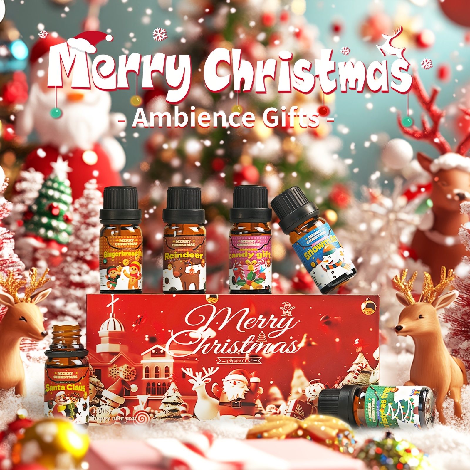 Christmas Gifts 6pcs/set 10ml Christmas Fragrance Oils Set Gift Box Happy New Year Oil For Diffuser Gift Santa Claus Christmas Tree Candy Cane Snowman Gingerbread Man