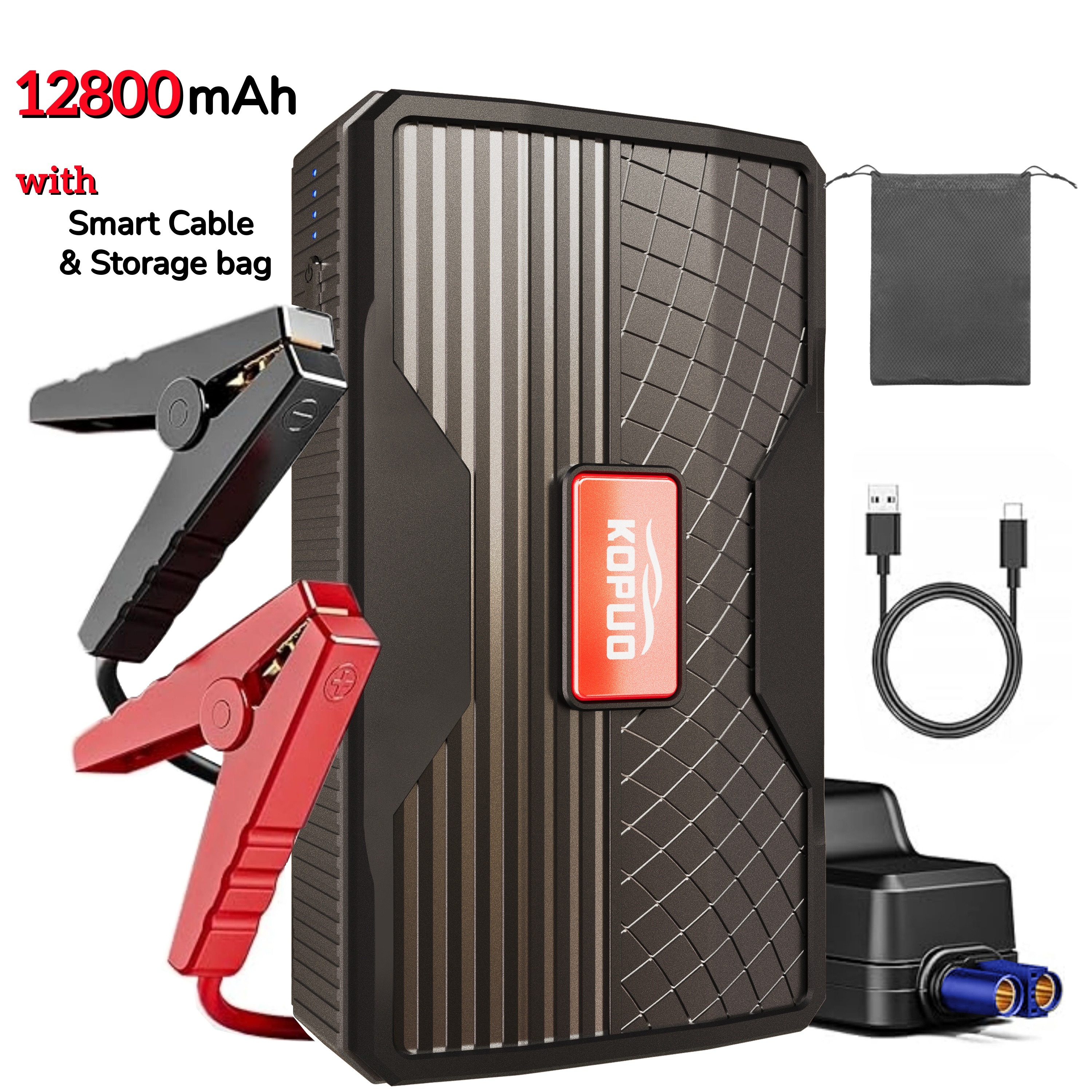 E-shop KOPUO Starthilfe für Auto, tragbare Voiture: 9600/12800 mAh Notfall-Akku Zündstarter mit LED-Licht, geeignet für 12V Start von Benzin- und