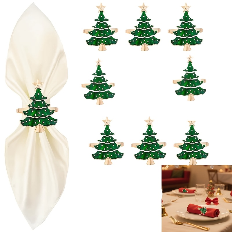 TEMU 8pcs Christmas Tree Napkin Rings | Green Golden Holiday Table Decor | Reusable Dinner Party Supplies For Christmas And New Year