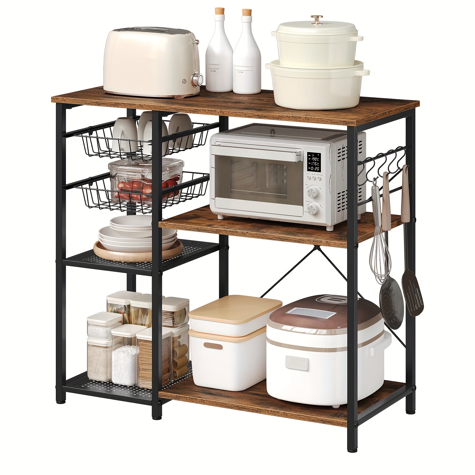 Image of 1pc Kitchen Shelf With Baskets & Shelves, Standing Shelf, Baker's Rack With 5 Hooks, Multifunctional Microwave Shelf, Storage Rack For Kitchen, Coffee Bar, Living Room, 90 X 82 X 40cm, Utility Racks