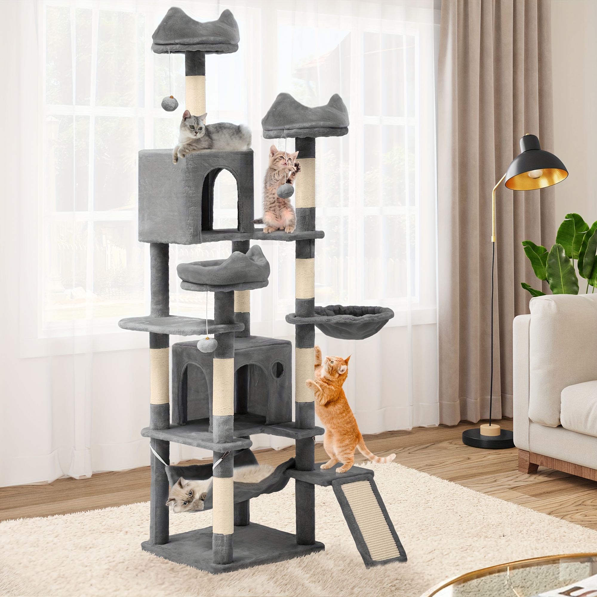 

Gardnfun 75" Multi- Level Cat Tree Tower With Cat Condos, Perches, Hammocks, Scratching Posts Board, Large Cat Activity Center, Light Grey