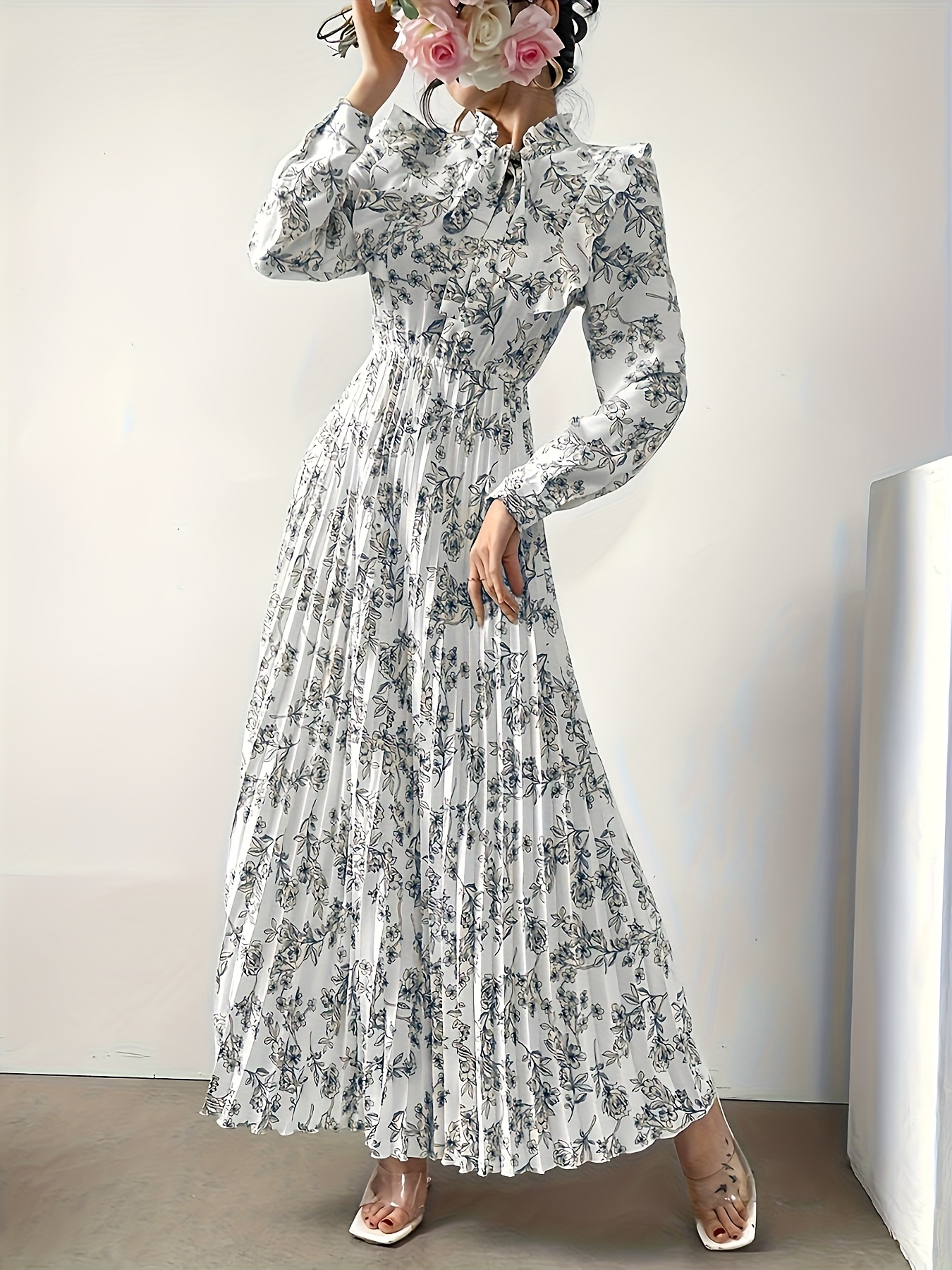 Floral Print Ruffle Neck Pleated Maxi Dress in soft polyester blend