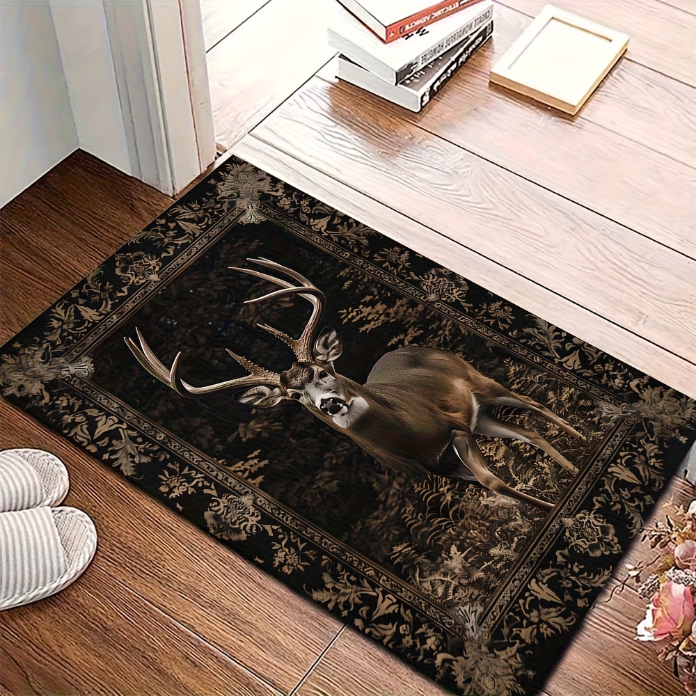 TEMU A High-definition Printed Classic Forest Deer Pattern Mat, Kitchen Rugs Made Of Polyester Fiber, Flannel Material, 500g/ã¡, A Gift