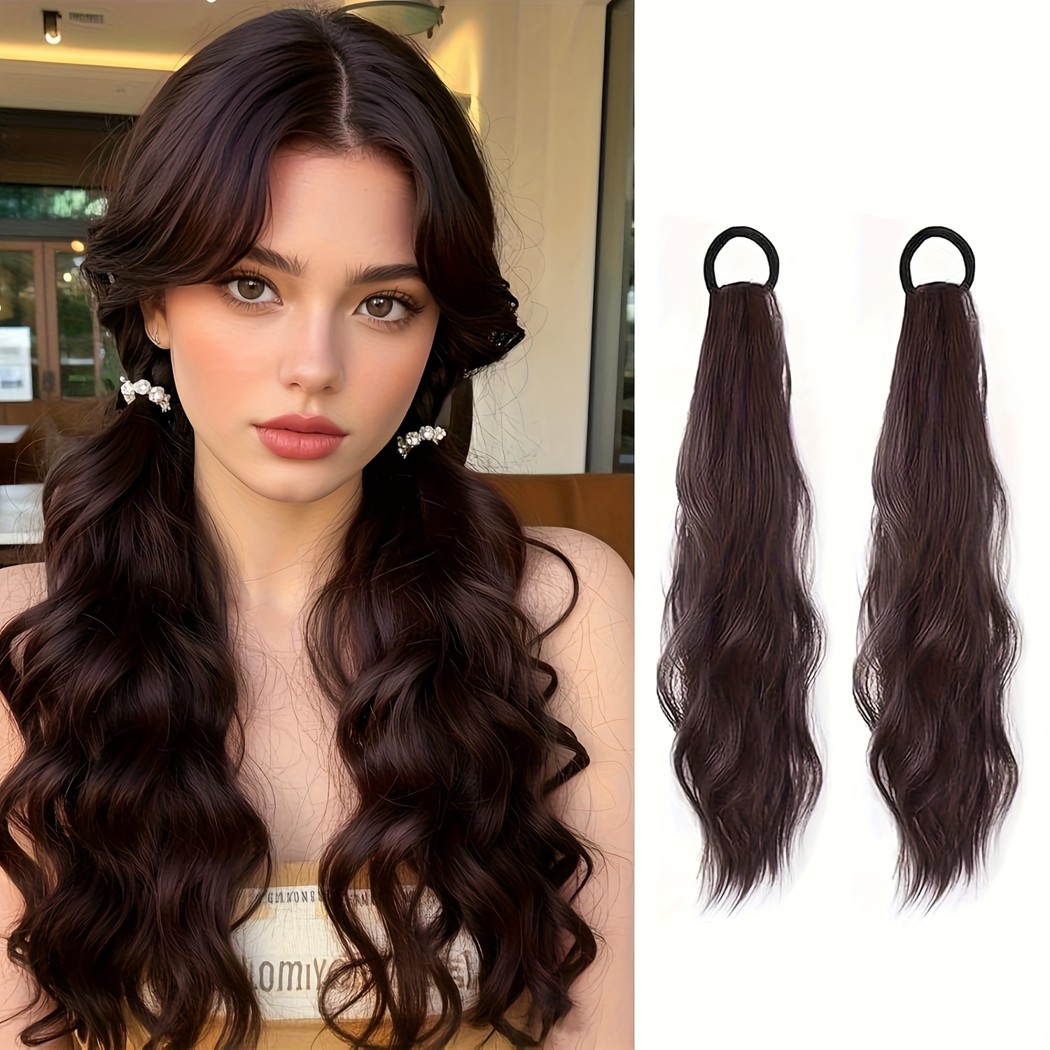 2pcs curly ponytail extension with elastic tie 17 inch resistant synthetic natural wavy hairpiece pony tail hair extensions wave   ponytail hairpieces for women daily wear   music festival brown details 0