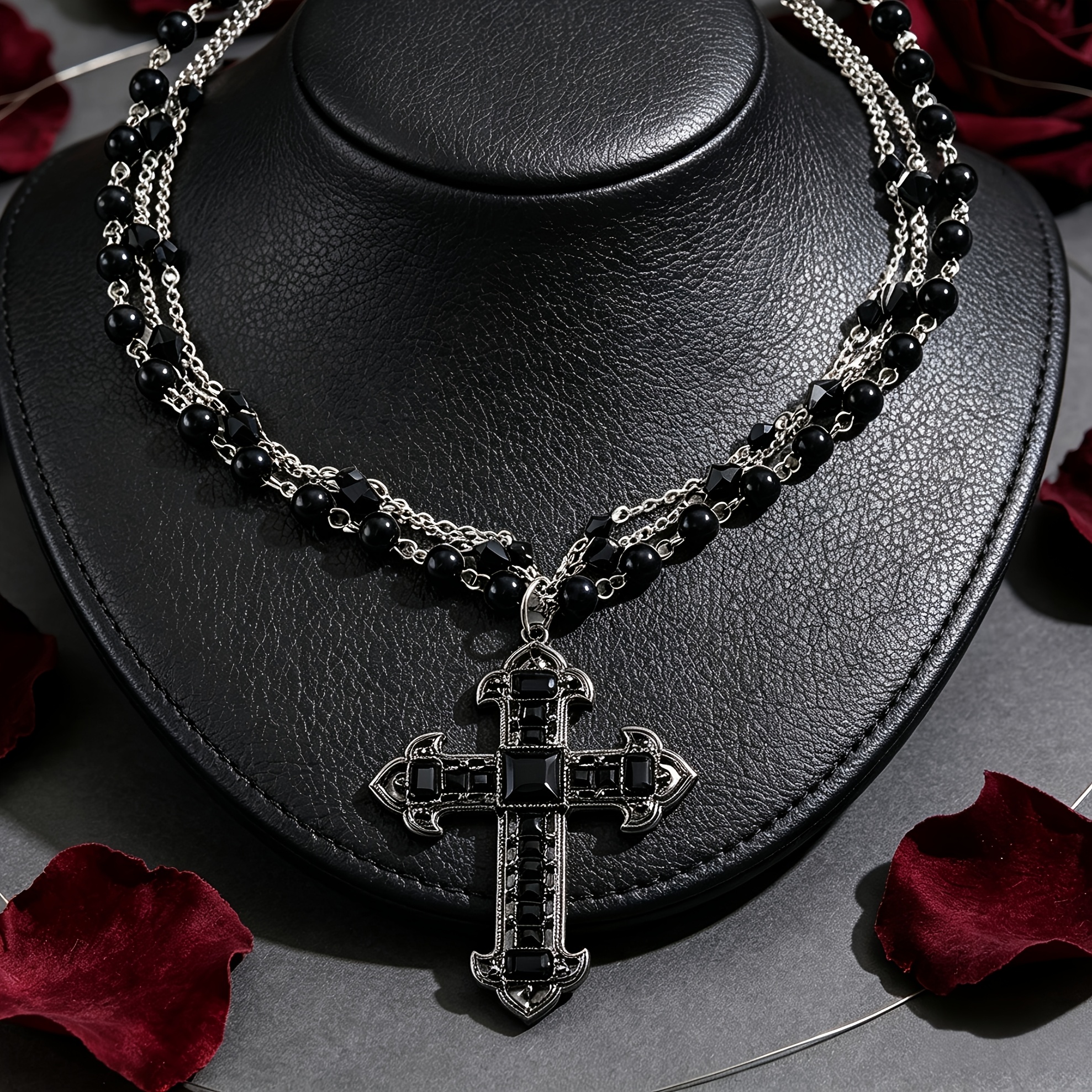 Women's Multi-Layer Black Bead Chain with Vintage Cross Pendant Necklace