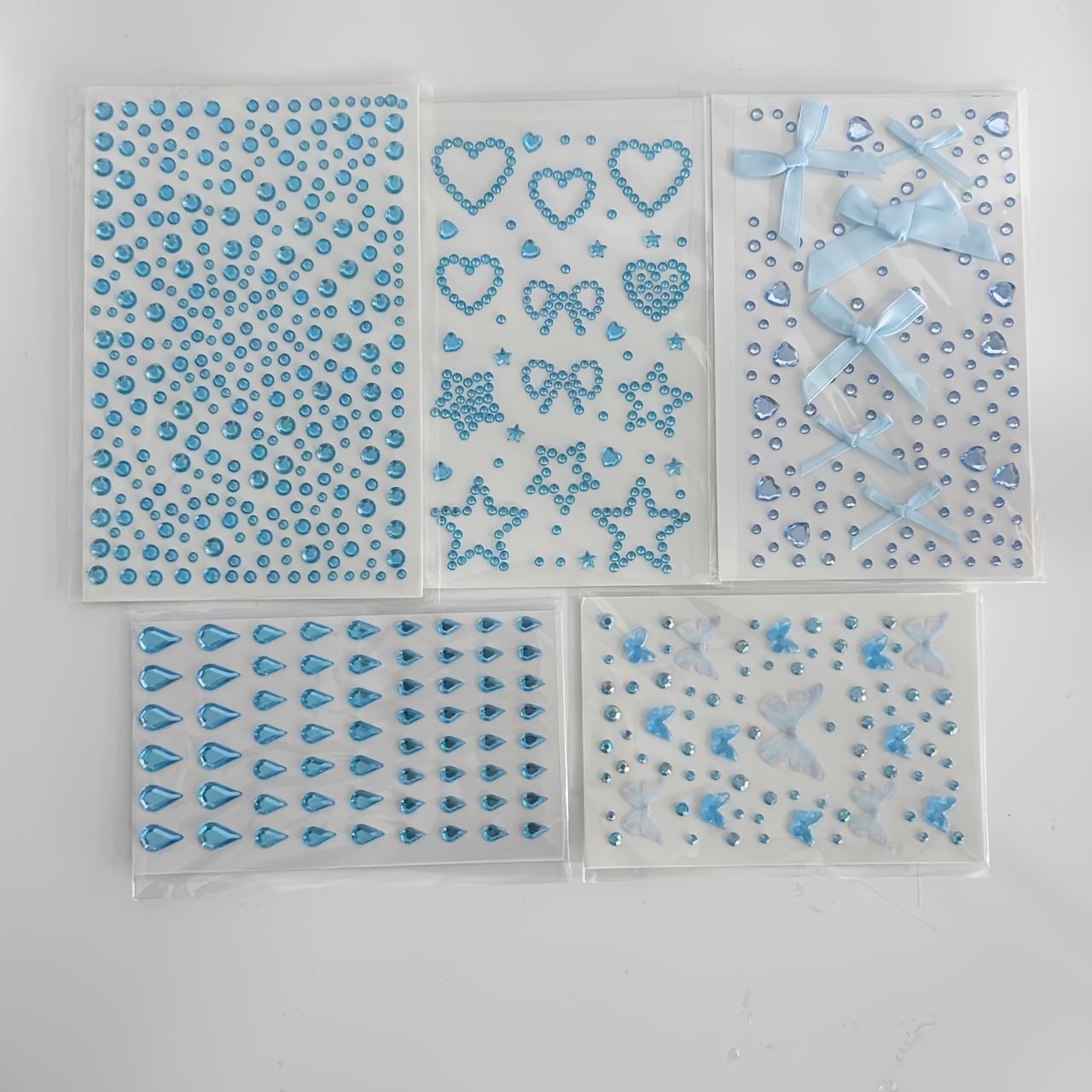 TEMU 5pcs Blue Rhinestone Stickers Set, Self-adhesive With Heart/star/bow/drop/round Shapes, Face And Nail Art Stickers For Festival, Y2k Style,