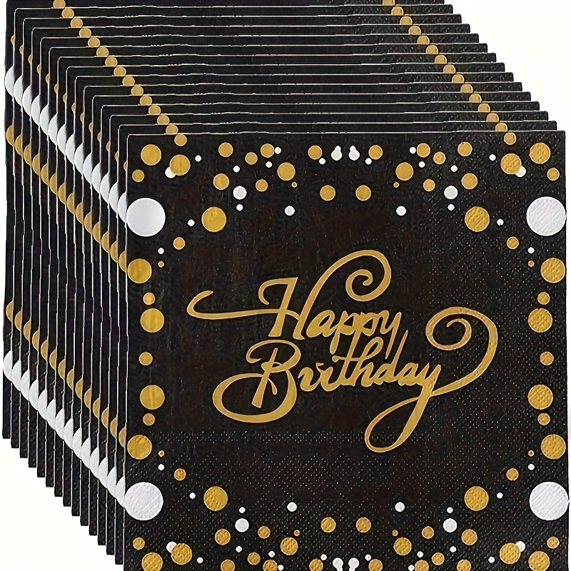 Image of 40 Black Disposable Napkins With Golden "happy Birthday" Pattern, 2-ply Dining Paper Towels For Weddings, Anniversaries & Themed Parties